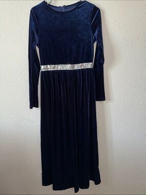 Women’s Navy Velvet Long Sleeve Dress with Silver Sequin Waist
